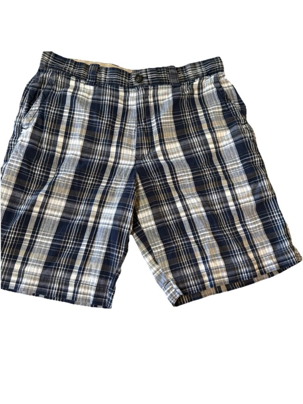 Izod Men’s Plaid Flat Front Shorts Golf Blue White Gray Pockets Belt Loops Sz 34